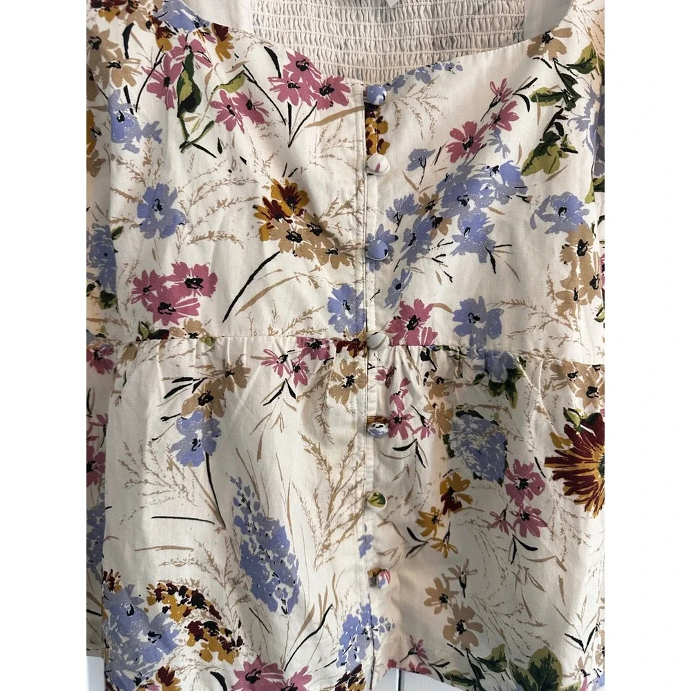 Anthropologie Floral Puff Sleeve Peplum Top Cream Multi XL Square Neck Smocked